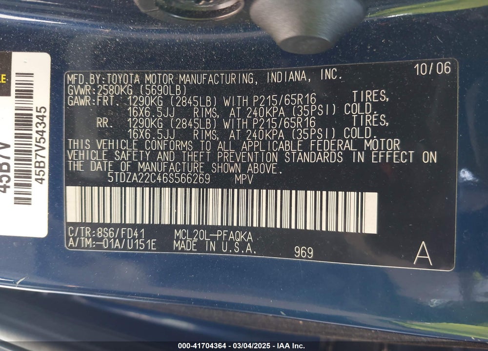 2006 TOYOTA SIENNA XLE VIN: 5TDZA22C46S566269
