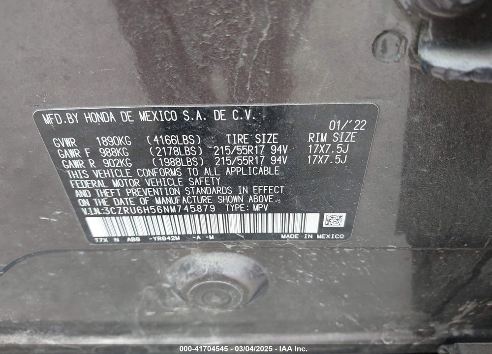 2022 HONDA HR-V AWD EX VIN: 3CZRU6H56NM745879