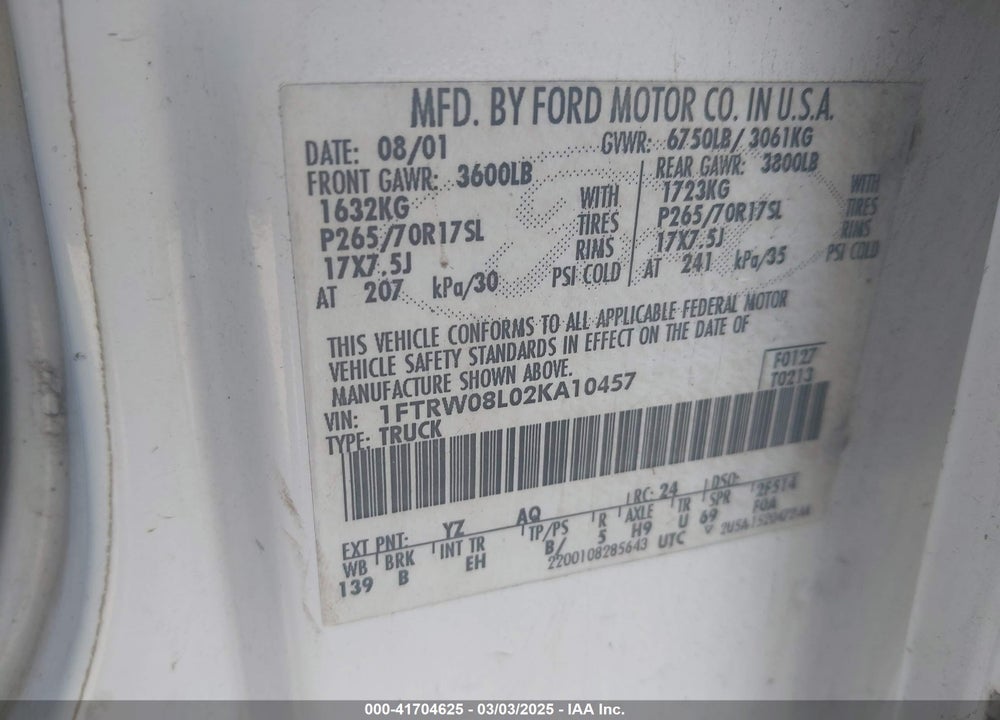 2002 FORD F-150 LARIAT/XLT VIN: 1FTRW08L02KA10457