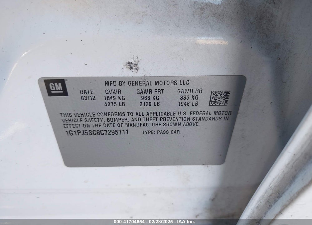 2012 CHEVROLET CRUZE VIN: 1G1PJ5SC8C7295711