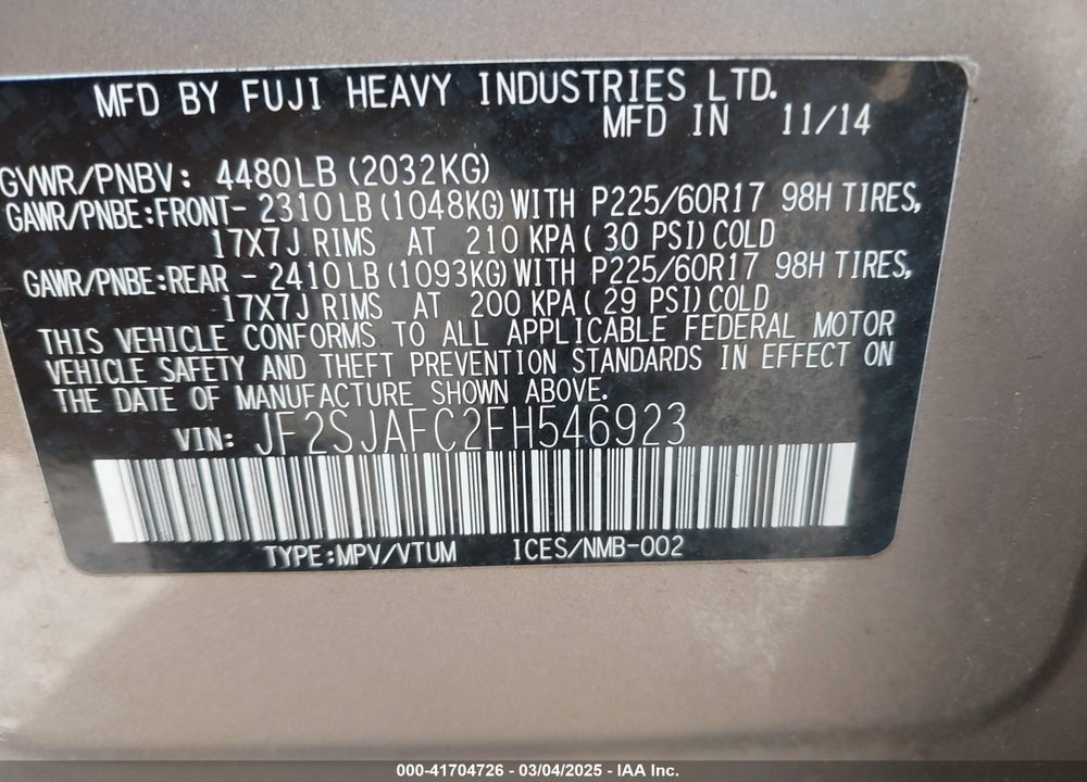 2015 SUBARU FORESTER VIN: JF2SJAFC2FH546923