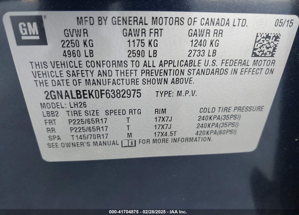 2015 CHEVROLET EQUINOX 1LT VIN: 2GNALBEK0F6382975