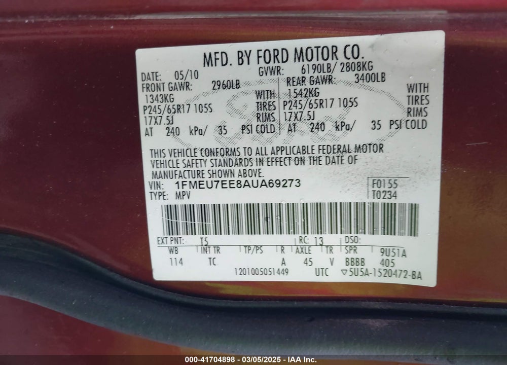 2010 FORD EXPLORER EDDIE BAUER VIN: 1FMEU7EE8AUA69273