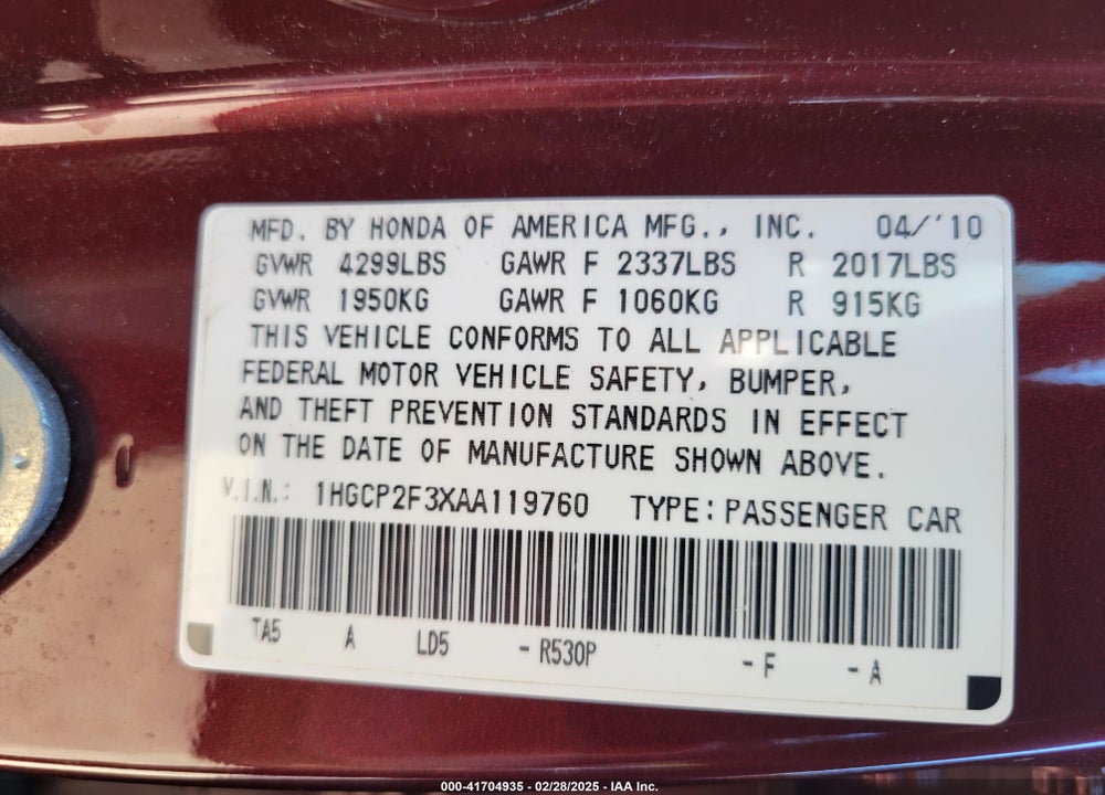 2010 HONDA ACCORD VIN: 1HGCP2F3XAA119760