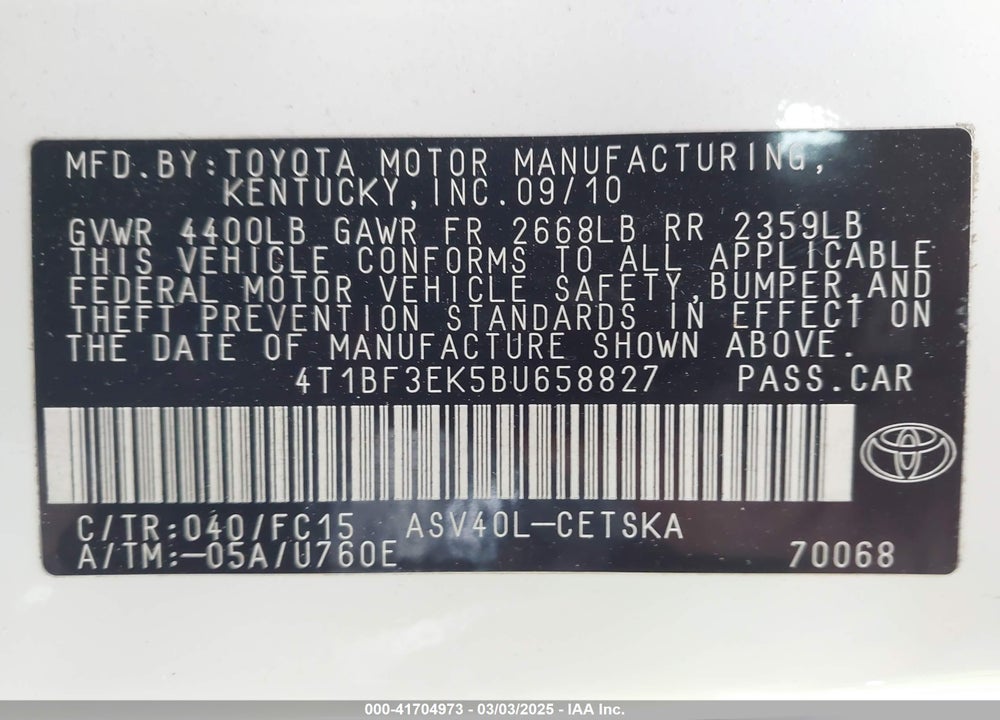 2011 TOYOTA CAMRY SE VIN: 4T1BF3EK5BU658827