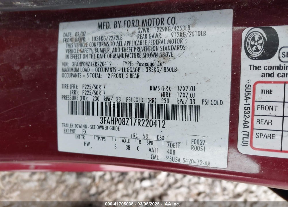 2007 FORD FUSION VIN: 3FAHP08Z17R220412
