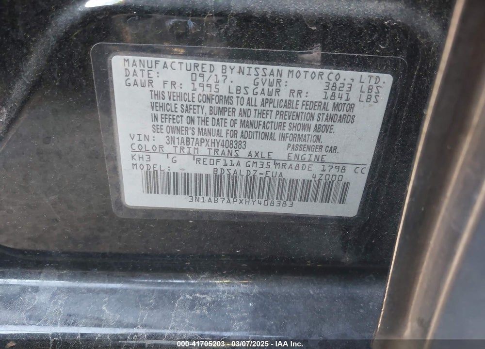 2017 NISSAN SENTRA VIN: 3N1AB7APXHY408383