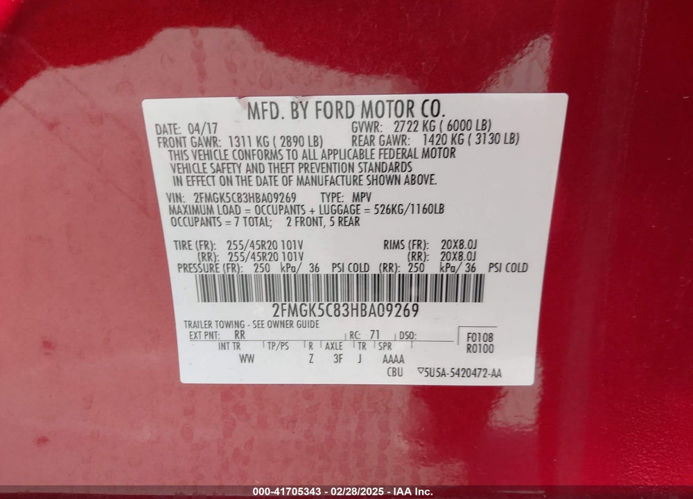2017 FORD FLEX SEL VIN: 2FMGK5C83HBA09269