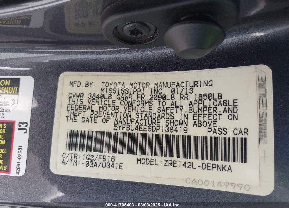 2013 TOYOTA COROLLA VIN: 5YFBU4EE6DP138419