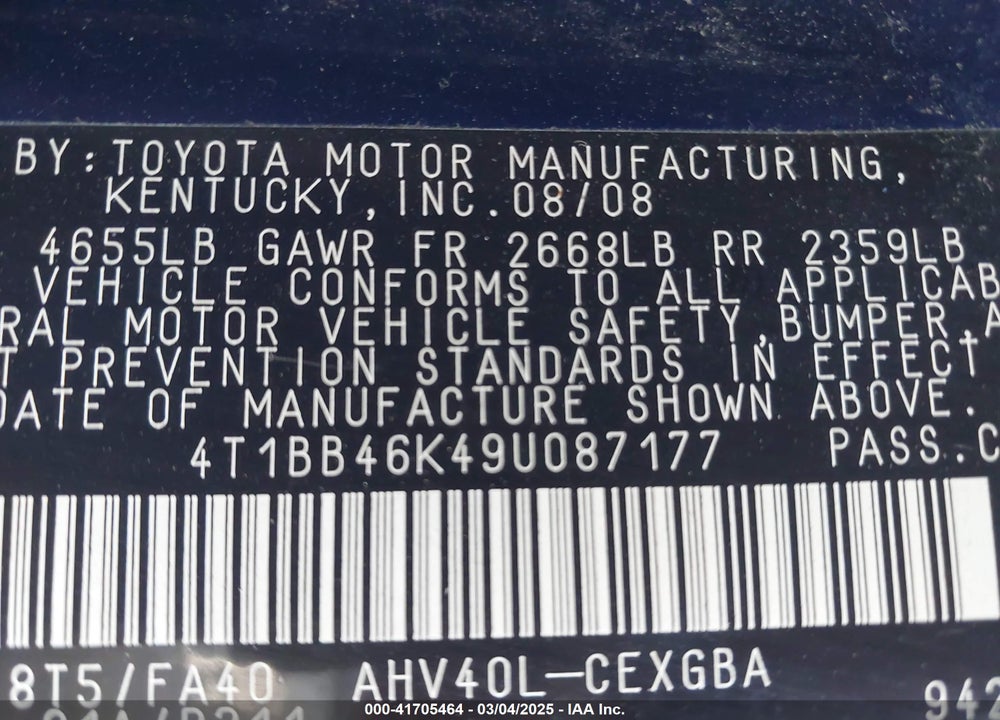 2009 TOYOTA CAMRY HYBRID VIN: 4T1BB46K49U087177