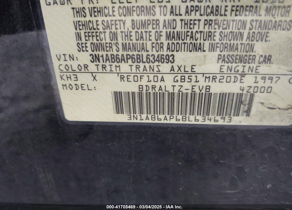 2011 NISSAN SENTRA VIN: 3N1AB6AP6BL634693