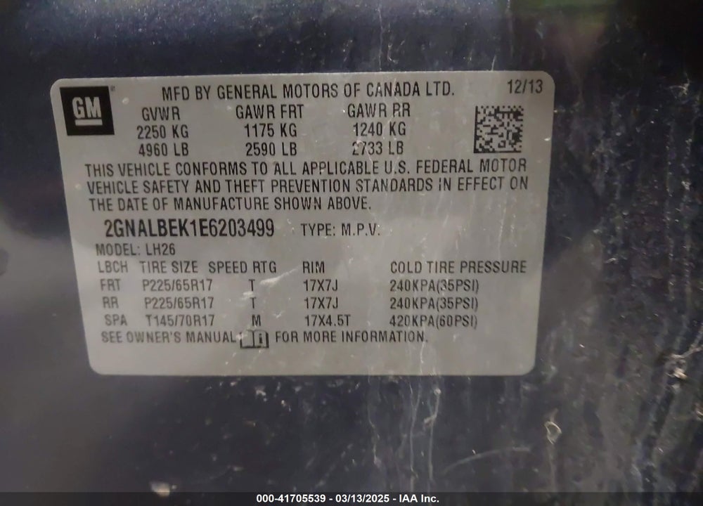 2014 CHEVROLET EQUINOX VIN: 2GNALBEK1E6203499