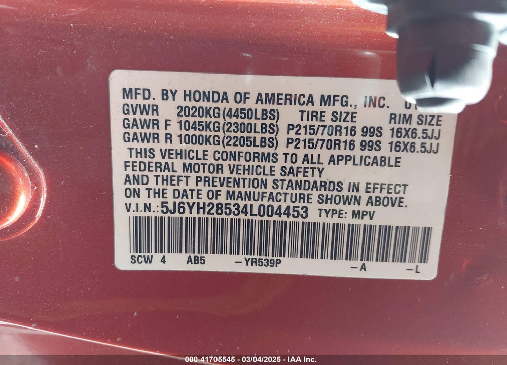 2004 HONDA ELEMENT VIN: 5J6YH28534L004453