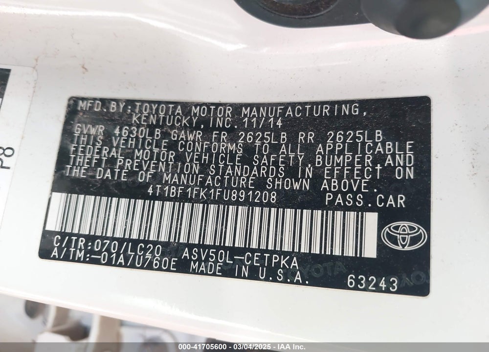 2015 TOYOTA CAMRY XSE VIN: 4T1BF1FK1FU891208