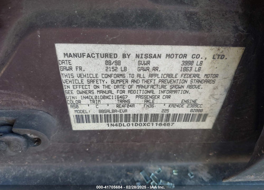 1999 NISSAN ALTIMA GLE/GXE/SE/SE-L/XE VIN: 1N4DL01D0XC116467