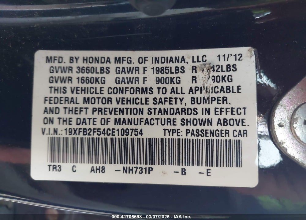 2012 HONDA CIVIC VIN: 19XFB2F54CE109754