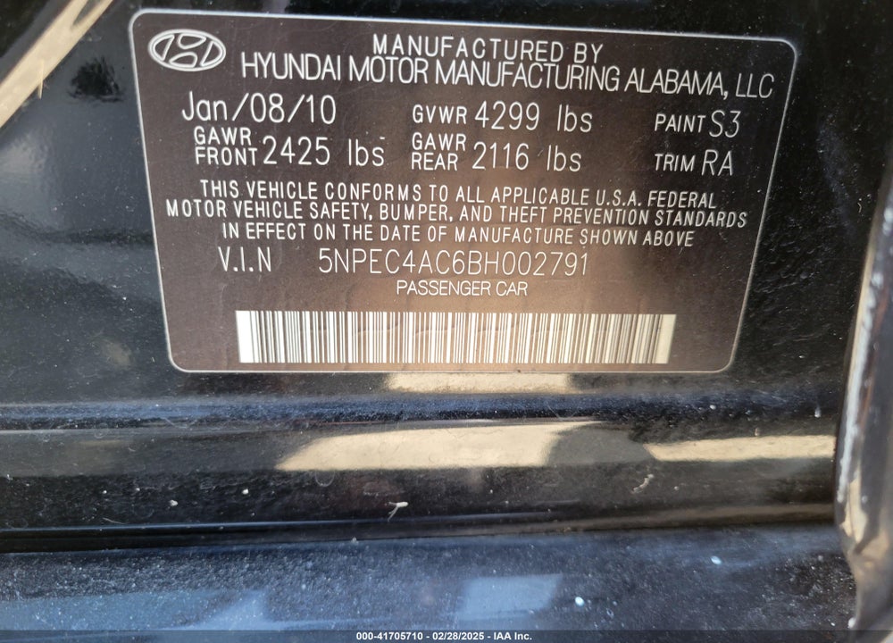 2011 HYUNDAI SONATA LIMITED VIN: 5NPEC4AC6BH002791