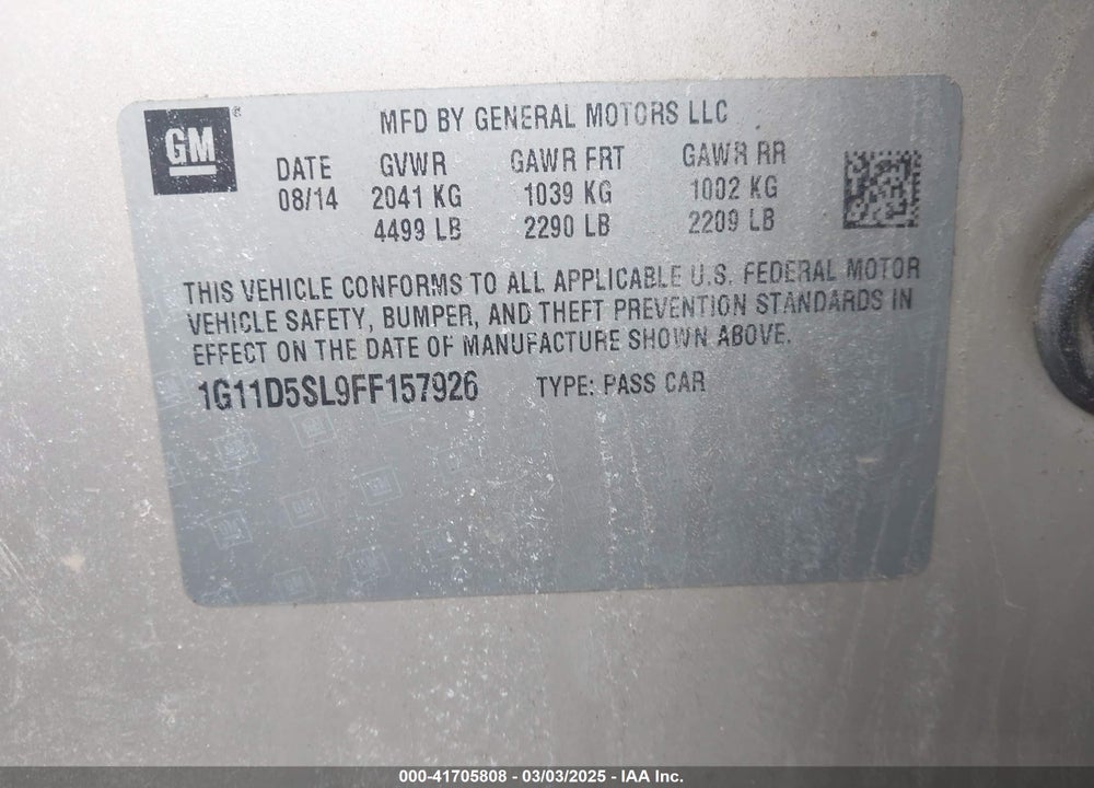 2015 CHEVROLET MALIBU VIN: 1G11D5SL9FF157926