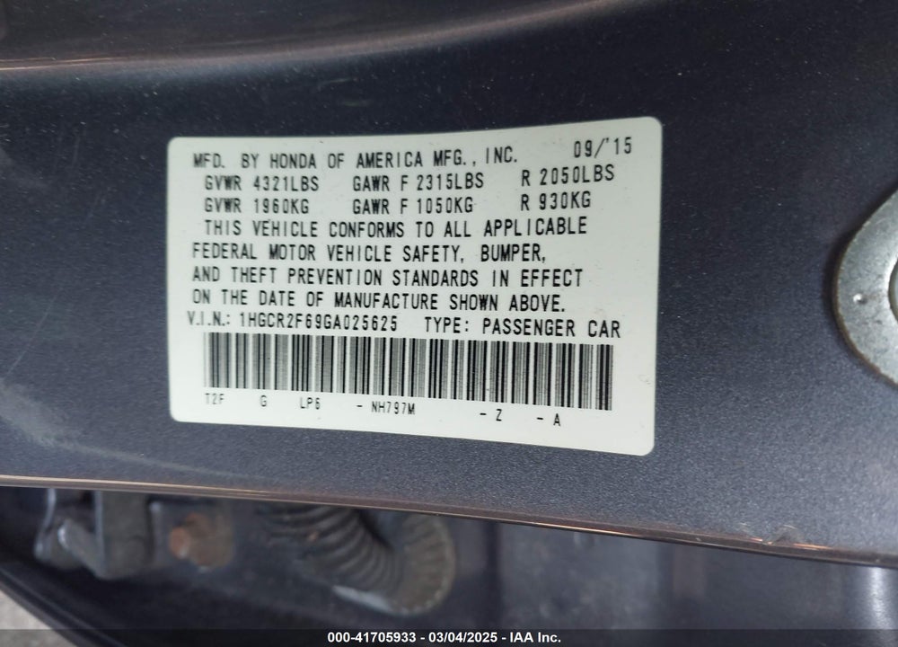 2016 HONDA ACCORD VIN: 1HGCR2F69GA025625