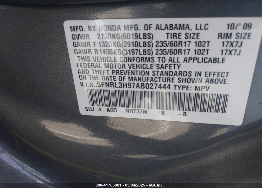 2010 HONDA ODYSSEY TOURING VIN: 5FNRL3H97AB027444