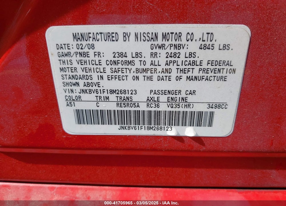 2008 INFINITI G35 VIN: JNKBV61F18M268123