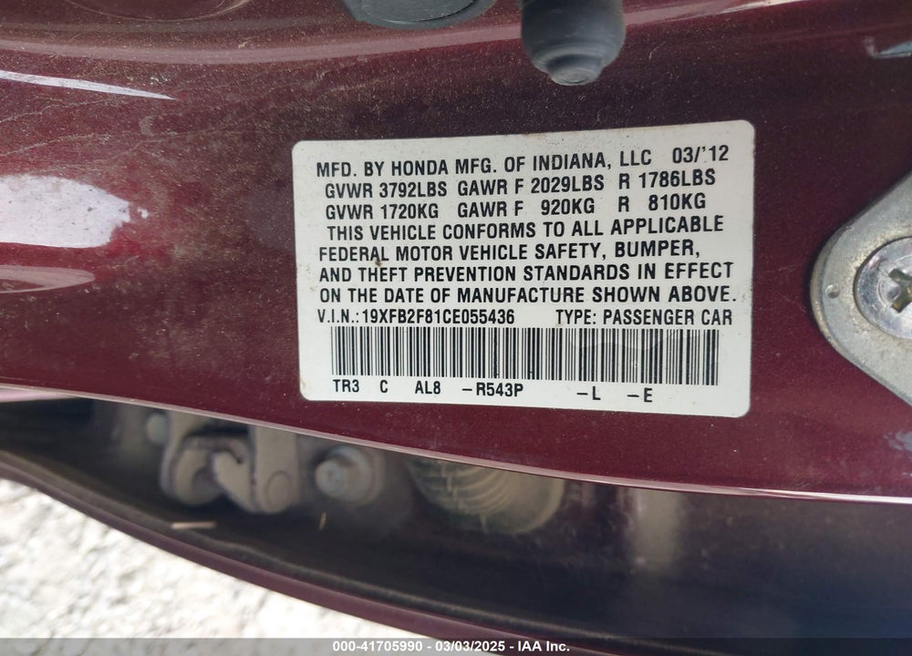 2012 HONDA CIVIC VIN: 19XFB2F81CE055436