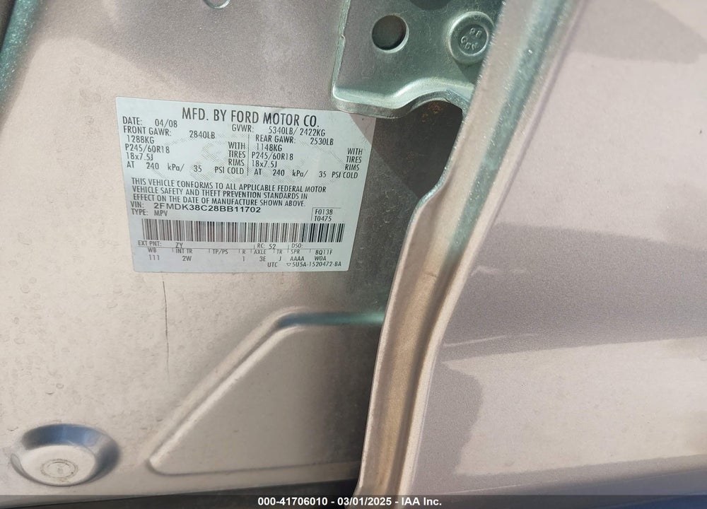 2008 FORD EDGE VIN: 2FMDK38C28BB11702