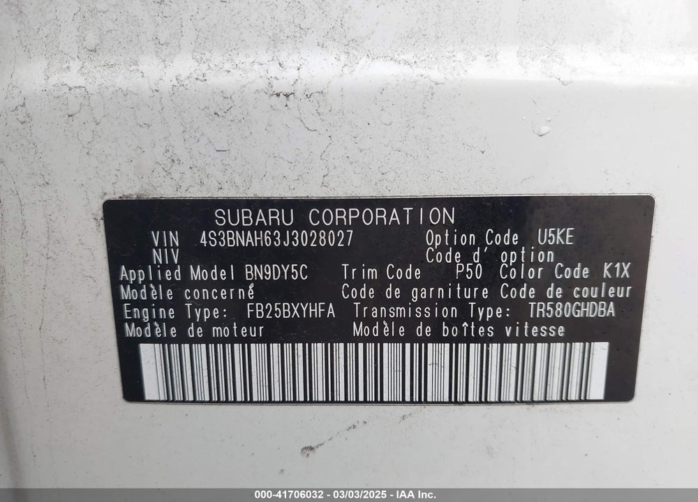 2018 SUBARU LEGACY VIN: 4S3BNAH63J3028027