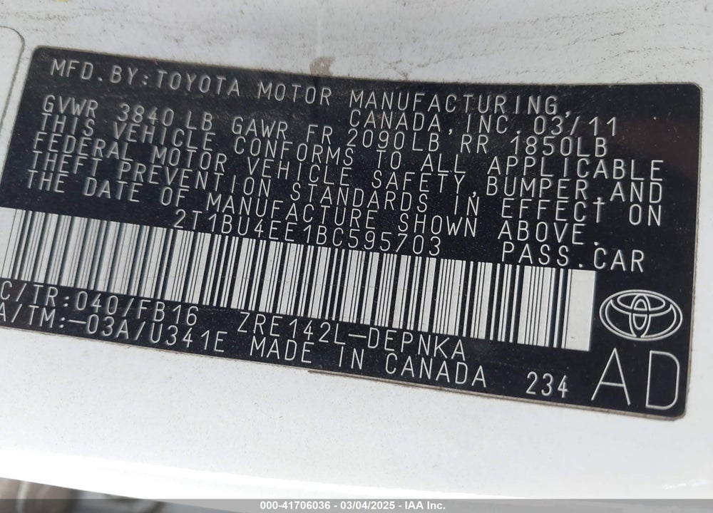 2011 TOYOTA COROLLA VIN: 2T1BU4EE1BC595703