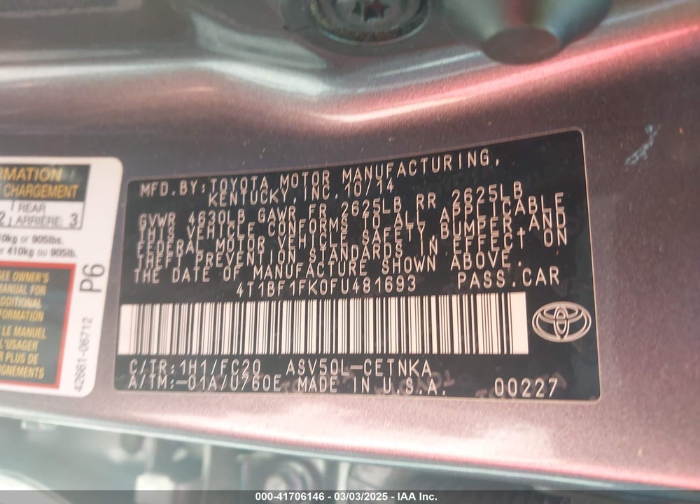 2015 TOYOTA CAMRY LE VIN: 4T1BF1FK0FU481693