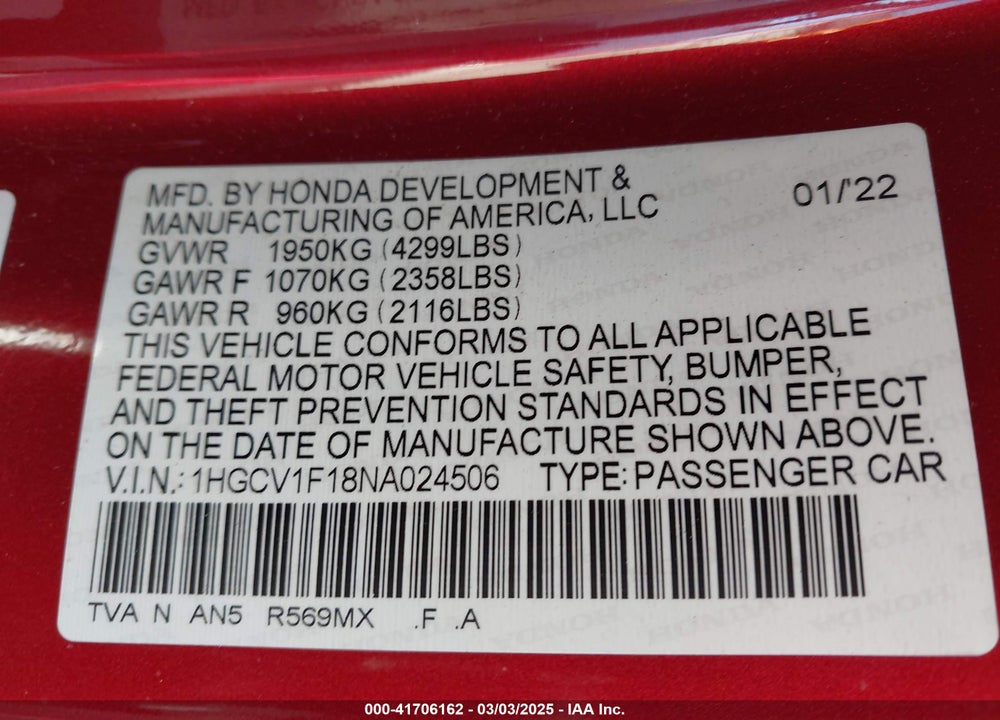 2022 HONDA ACCORD VIN: 1HGCV1F18NA024506