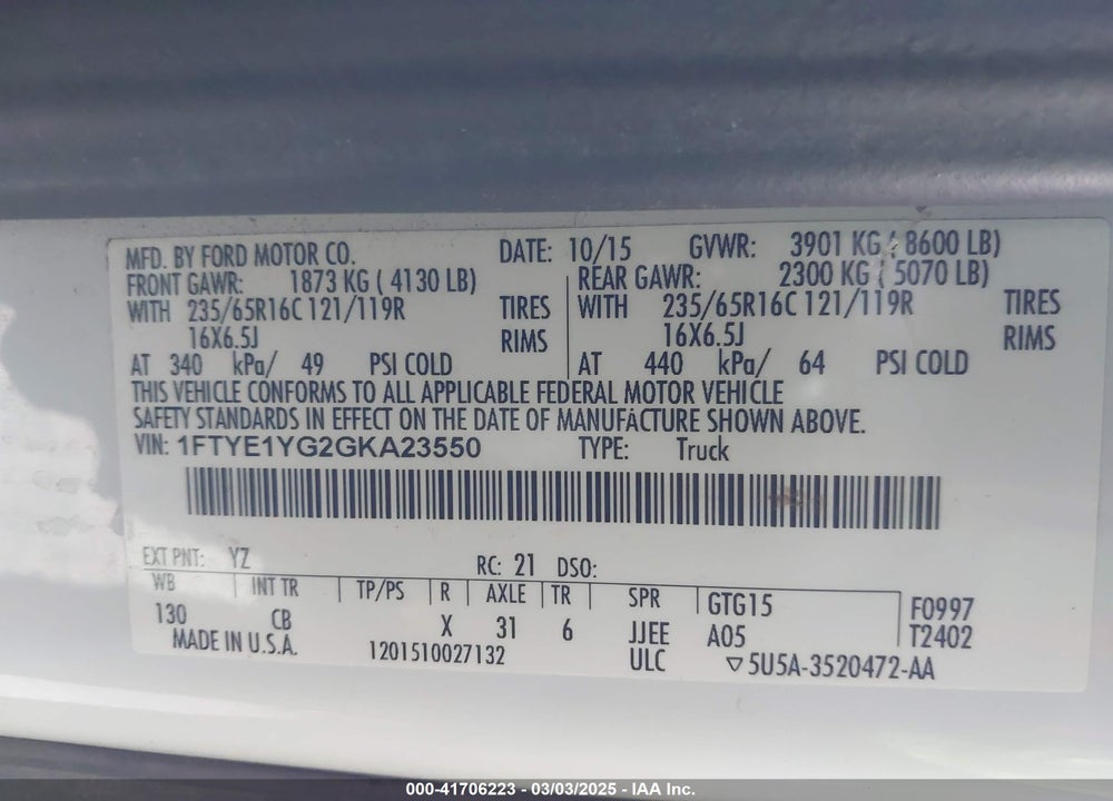 2016 FORD TRANSIT-150 VIN: 1FTYE1YG2GKA23550