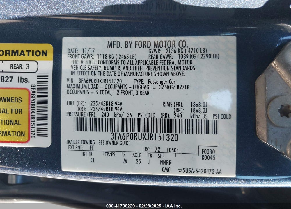 2018 FORD FUSION HYBRID TITANIUM VIN: 3FA6P0RUXJR151320