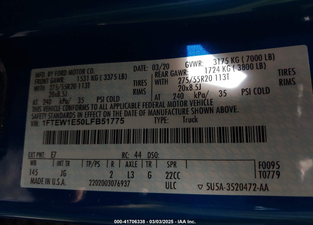 2020 FORD F-150 VIN: 1FTEW1E50LFB51775