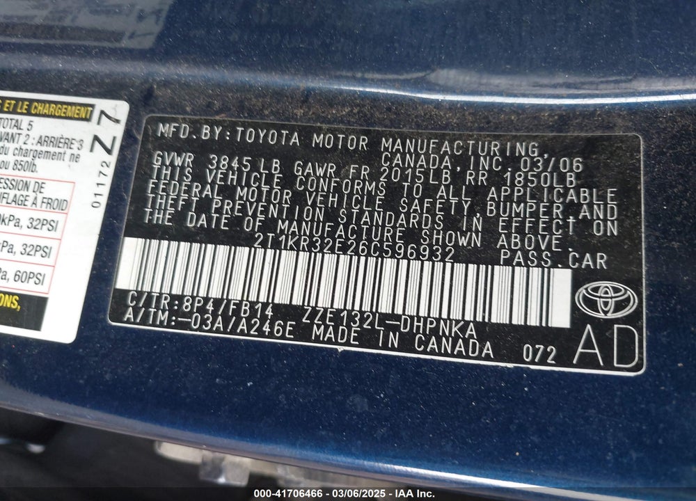 2006 TOYOTA MATRIX VIN: 2T1KR32E26C596932