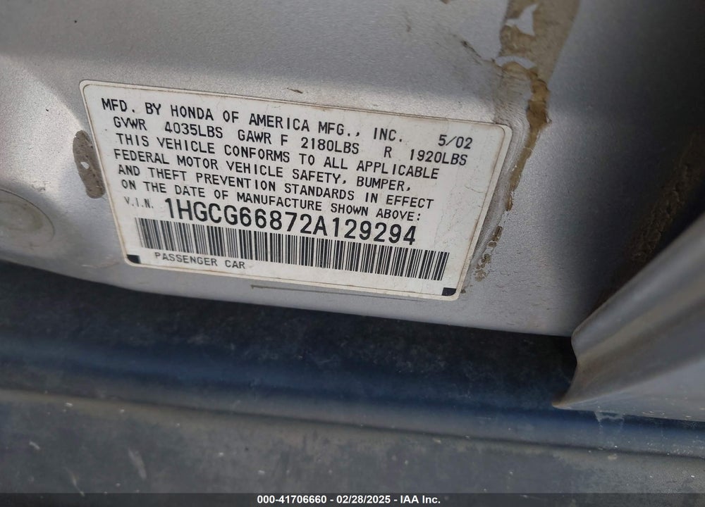 2002 HONDA ACCORD 2.3 EX/2.3 SE VIN: 1HGCG66872A129294
