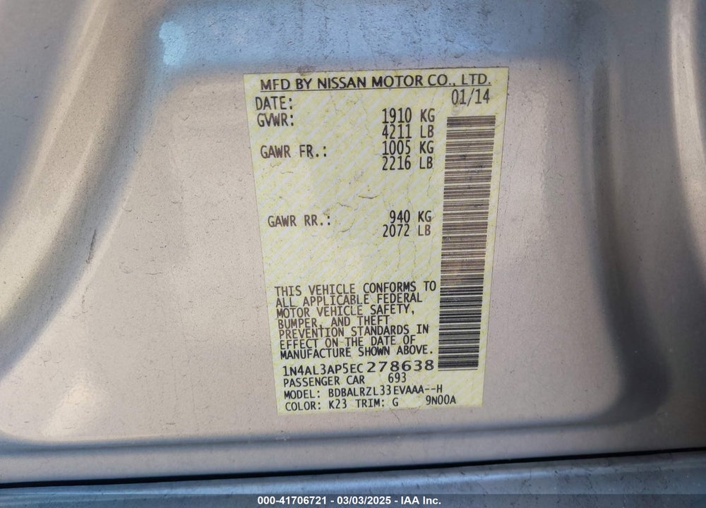 2014 NISSAN ALTIMA VIN: 1N4AL3AP5EC278638