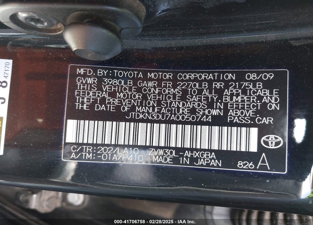 2010 TOYOTA PRIUS VIN: JTDKN3DU7A0050744