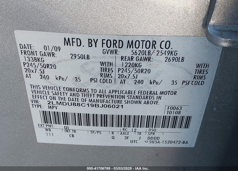 2009 LINCOLN MKX VIN: 2LMDU88C19BJ06021