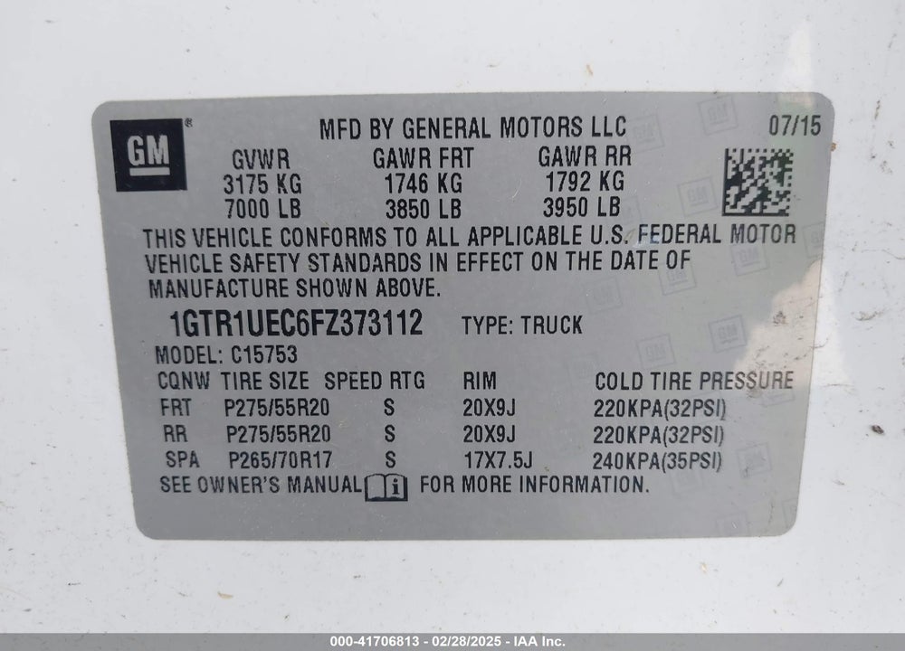 2015 GMC SIERRA 1500 SLE VIN: 1GTR1UEC6FZ373112