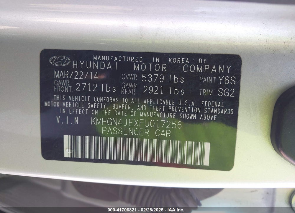 2015 HYUNDAI GENESIS 3.8 VIN: KMHGN4JEXFU017256