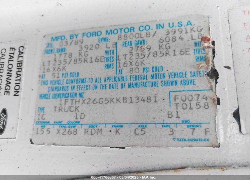 1989 FORD F250 VIN: 1FTHX26G5KKB13481