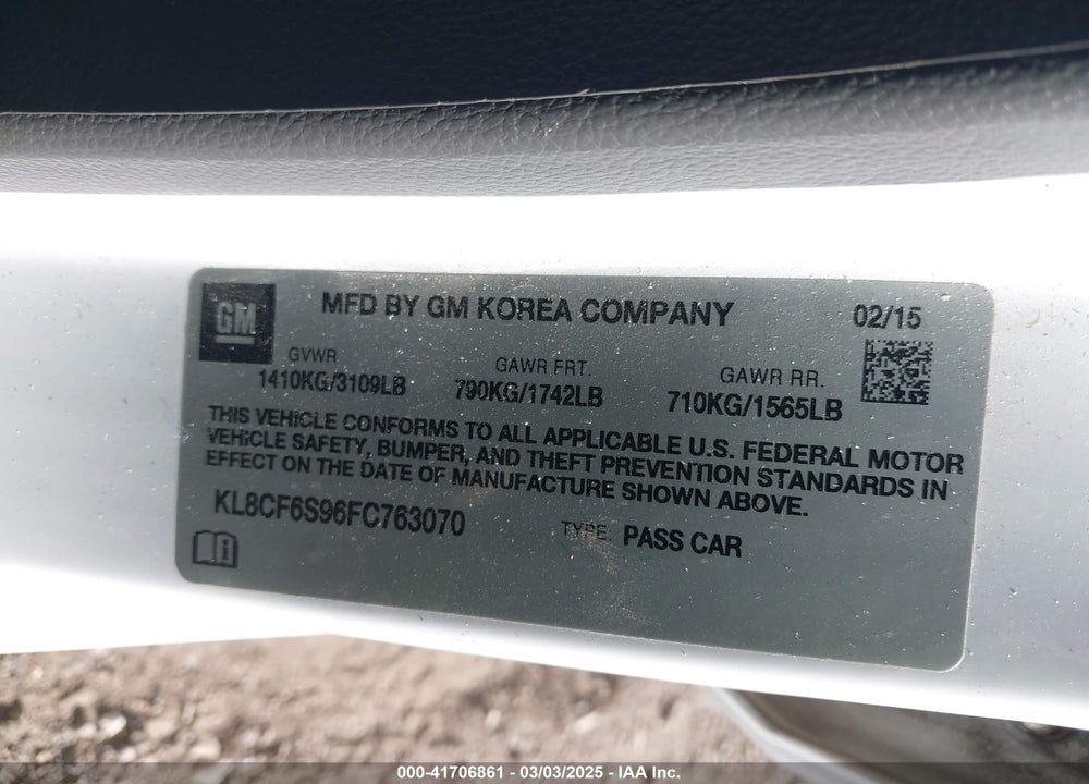 2015 CHEVROLET SPARK VIN: KL8CF6S96FC763070