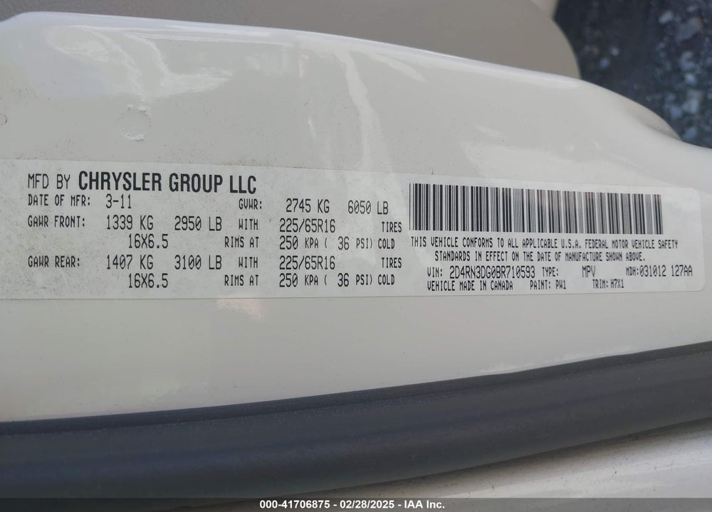 2011 DODGE GRAND CARAVAN MAINSTREET VIN: 2D4RN3DG0BR710593