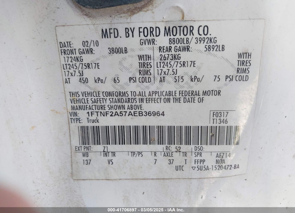 2010 FORD F-250 VIN: 1FTNF2A57AEB36964