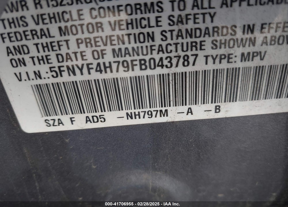 2015 HONDA PILOT EX-L VIN: 5FNYF4H79FB043787