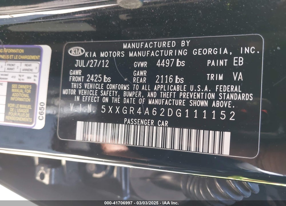2013 KIA OPTIMA VIN: 5XXGR4A62DG111152