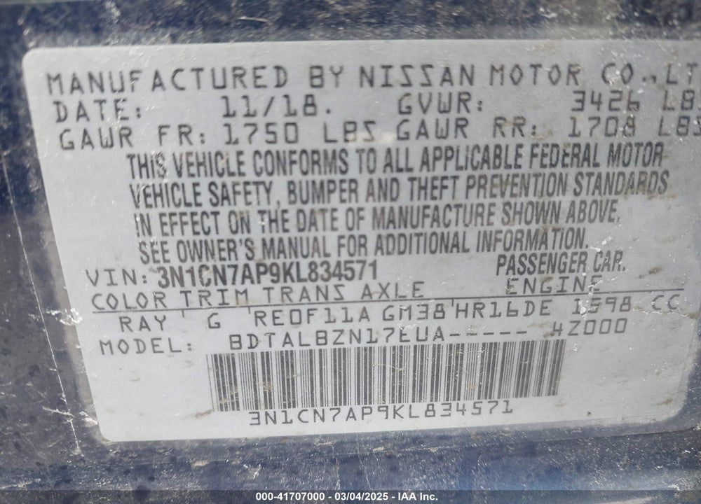2019 NISSAN VERSA VIN: 3N1CN7AP9KL834571