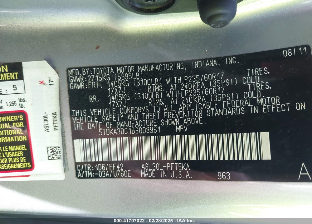 2011 TOYOTA SIENNA VIN: 5TDKA3DC1BS008961