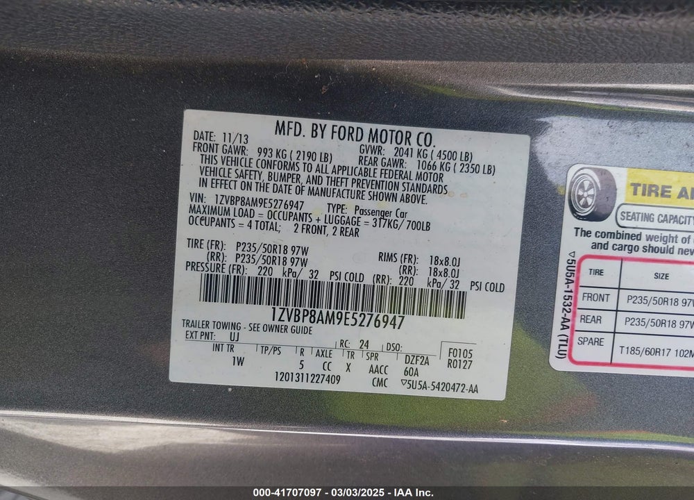 2014 FORD MUSTANG VIN: 1ZVBP8AM9E5276947
